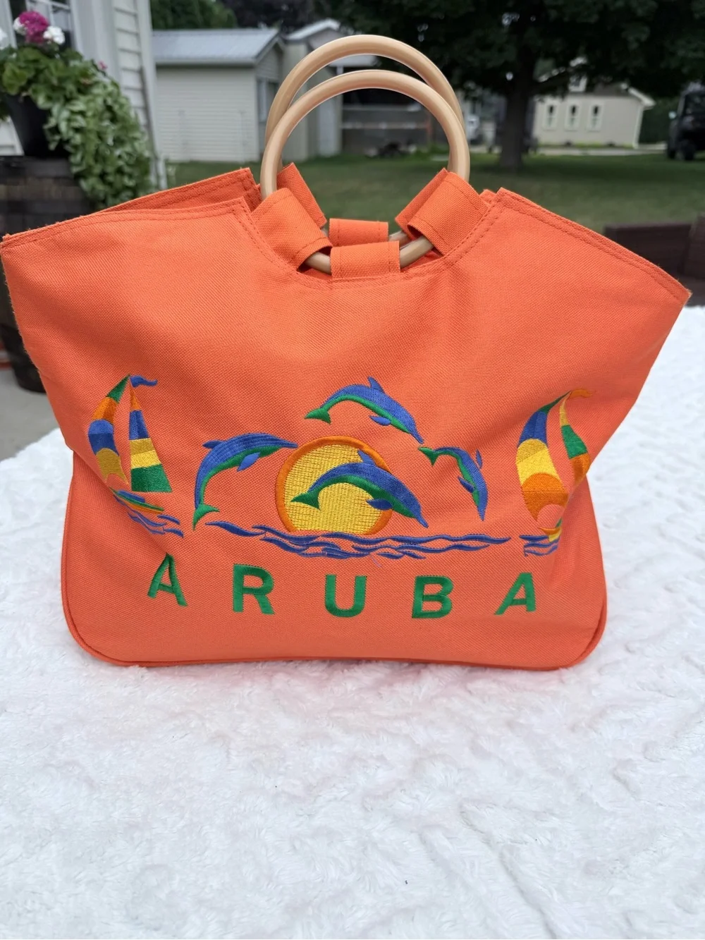 Aruba Orange Canvas Tote Bag with plastic Handles - like new
